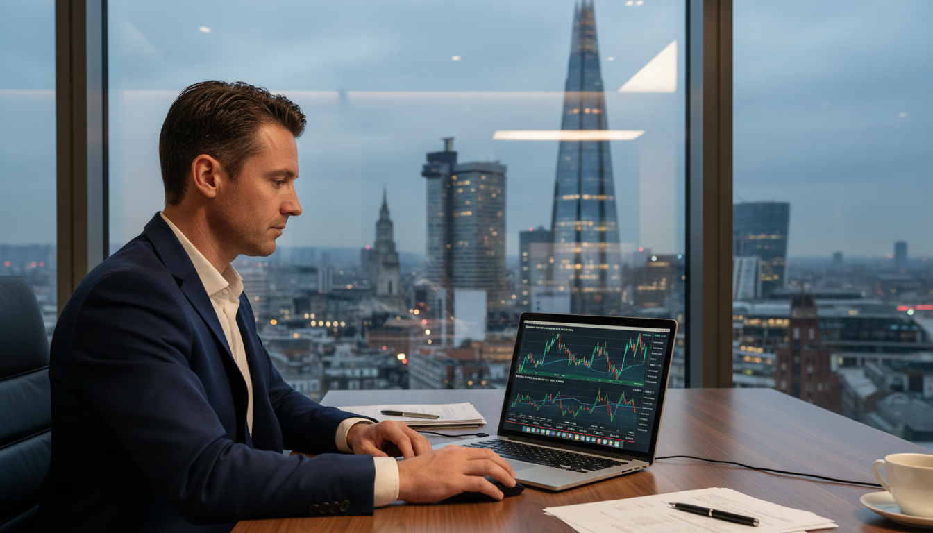 A professional expat looking at a laptop screen showing UK stock market charts and property investment data with the London skyline and the Shard visible through a large window, high quality, cinematic lighting, professional atmosphere