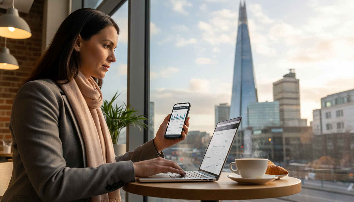 A professional expat sitting in a modern London cafe with a view of The Shard in the background, using a sleek laptop and a smartphone with a banking app interface visible, high-quality photography, soft morning light