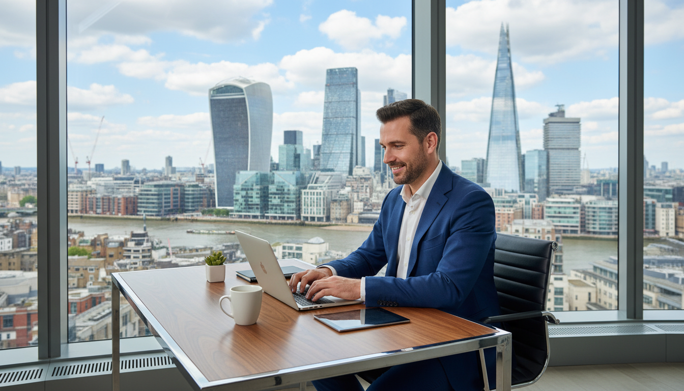 A professional entrepreneur sitting at a modern desk in a bright London office, working on a laptop with a view of the City of London skyline including the Gherkin and the Shard in the background, professional and optimistic atmosphere.
