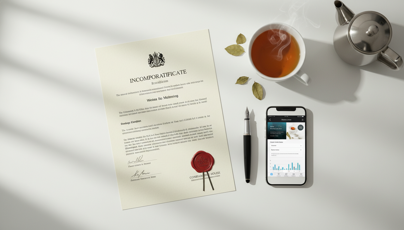 A professional and clean flat-lay of a British incorporation certificate, a fountain pen, a smartphone, and a cup of Earl Grey tea on a minimalist white desk, soft morning light, high-end corporate photography style
