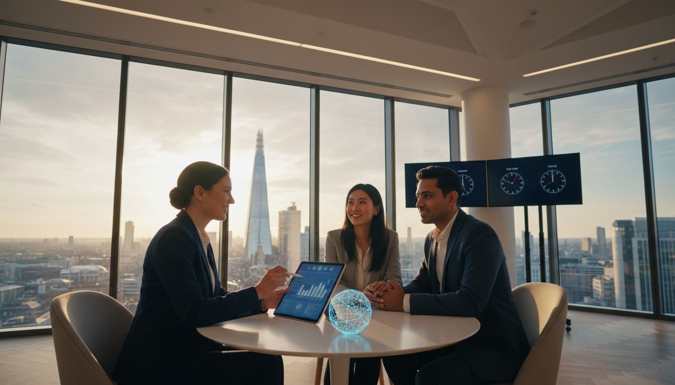 A professional financial advisor sitting with an international couple in a modern London office, with the Shard and the city skyline visible through the window, emphasizing trust and global connectivity, cinematic lighting, 8k resolution