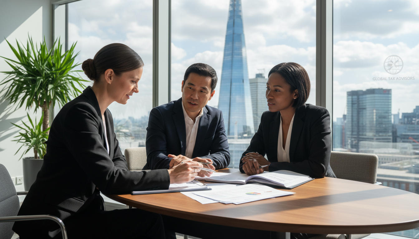A professional tax consultant sitting in a modern London office with a view of the Shard, explaining complex tax documents to a diverse expat couple, high-quality photography style, natural lighting, soft professional atmosphere.
