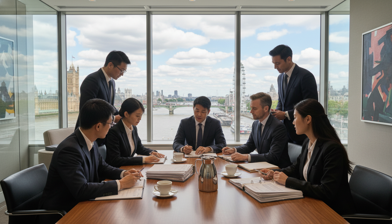 A professional modern law office in London overlooking the Thames, with a diverse team of lawyers discussing case files over coffee, high resolution, realistic style.