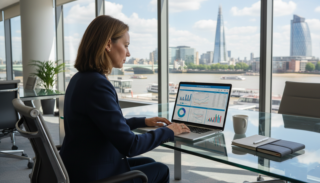 A professional accountant sitting in a modern London office overlooking the Thames, working on a laptop with digital tax charts visible on the screen, representing UK financial services for global clients.
