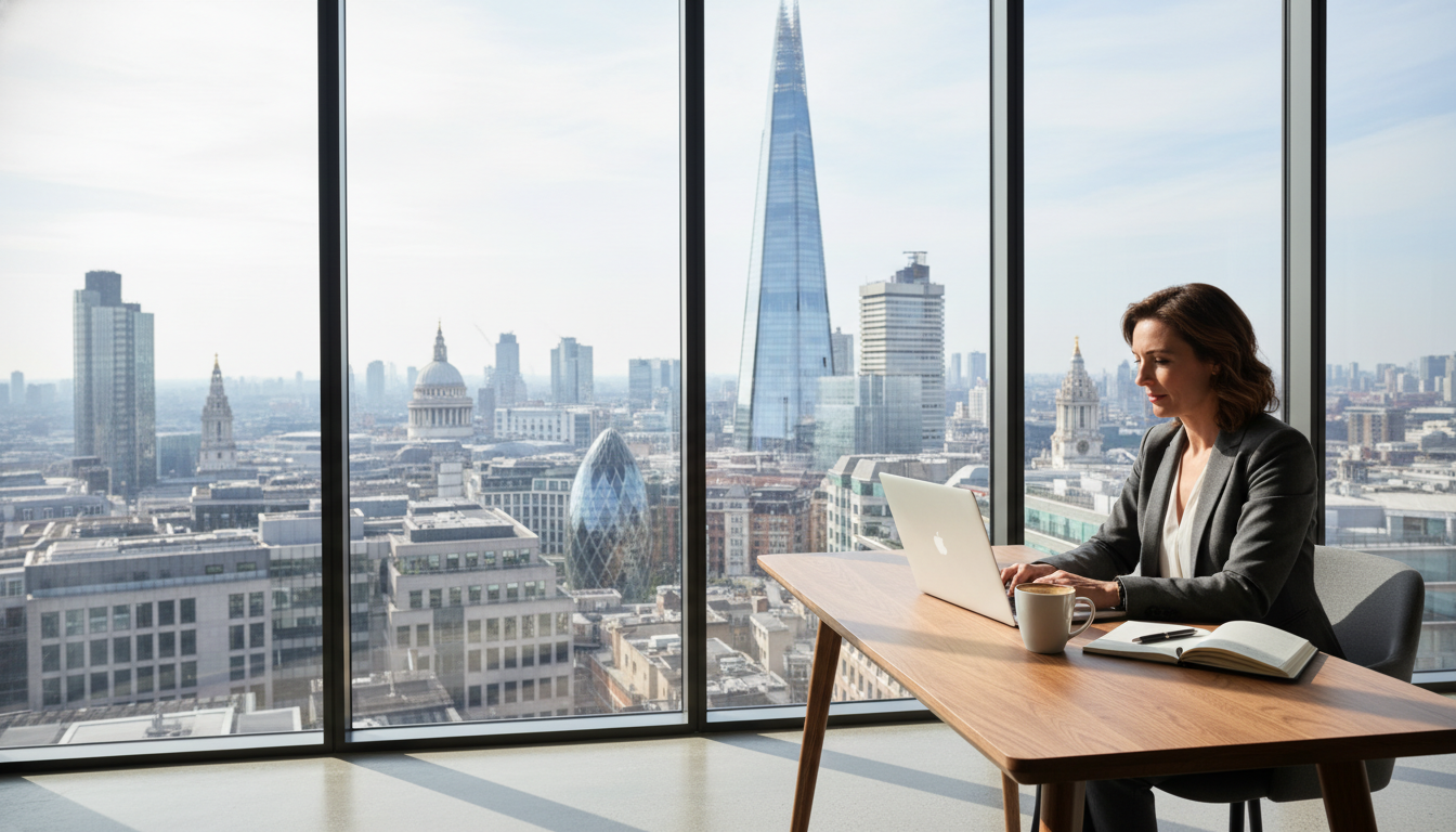 A professional expat entrepreneur sitting in a modern glass-walled London office overlooking the Shard and the City skyline, using a laptop with a cup of coffee, bright daylight, cinematic lighting, ultra-realistic, 8k